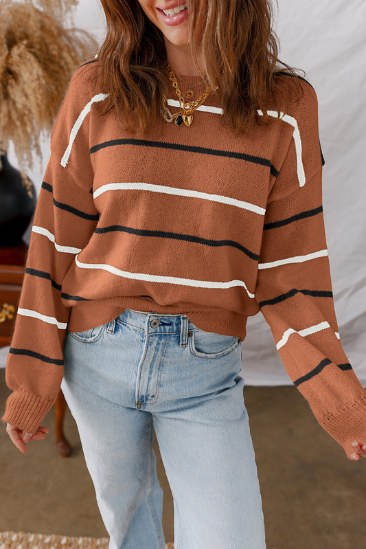 Striped Ribbed Edge Drop Shoulder Sweater -3 COLOR OPTIONS
