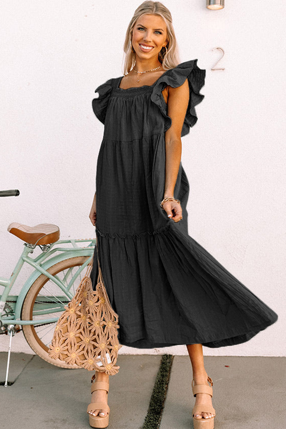 Ruffled Flutter Sleeve Square Neck Textured Tiered Maxi Dress -3 COLOR OPTIONS