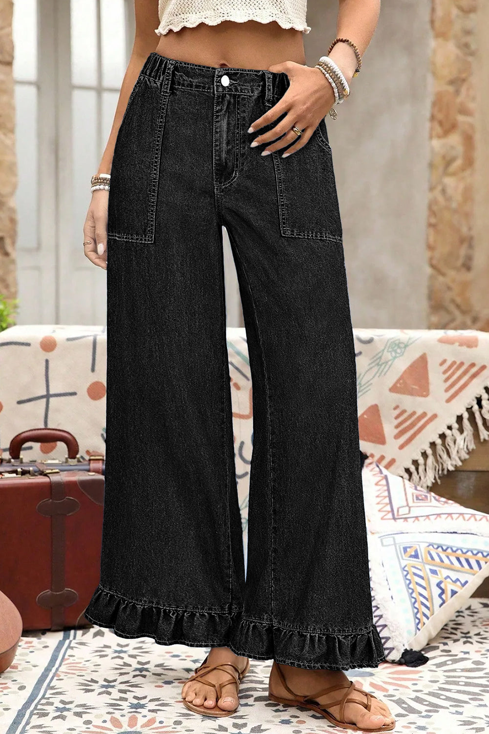 PLUS SIZE -Elastic Waist Ruffled Wide Leg Denim Pants Plus Size -4 COLOR OPTIONS