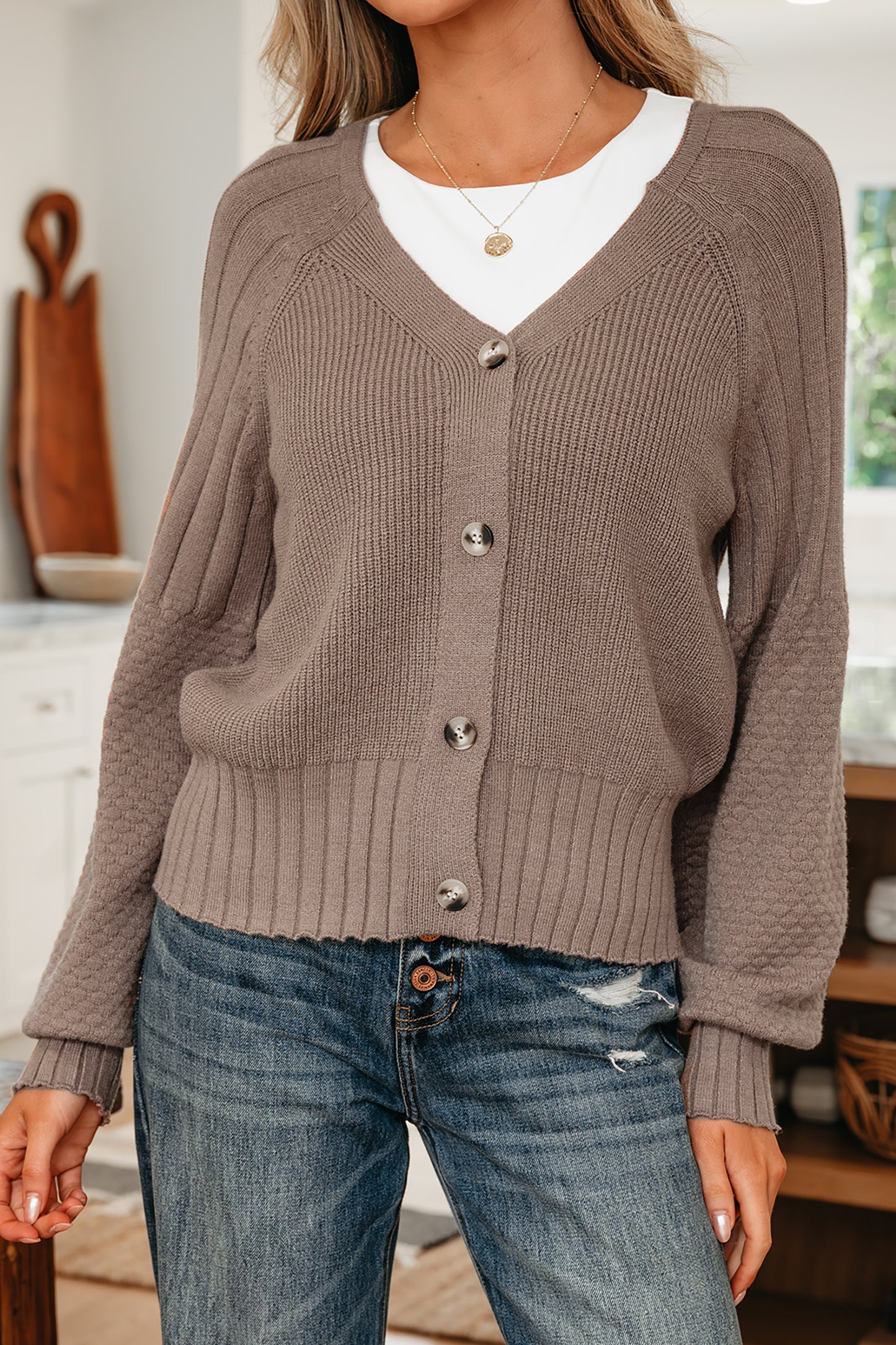 Mixed Texture Knit Button V Neck Sweater Cardigan -2 COLOR OPTIONS