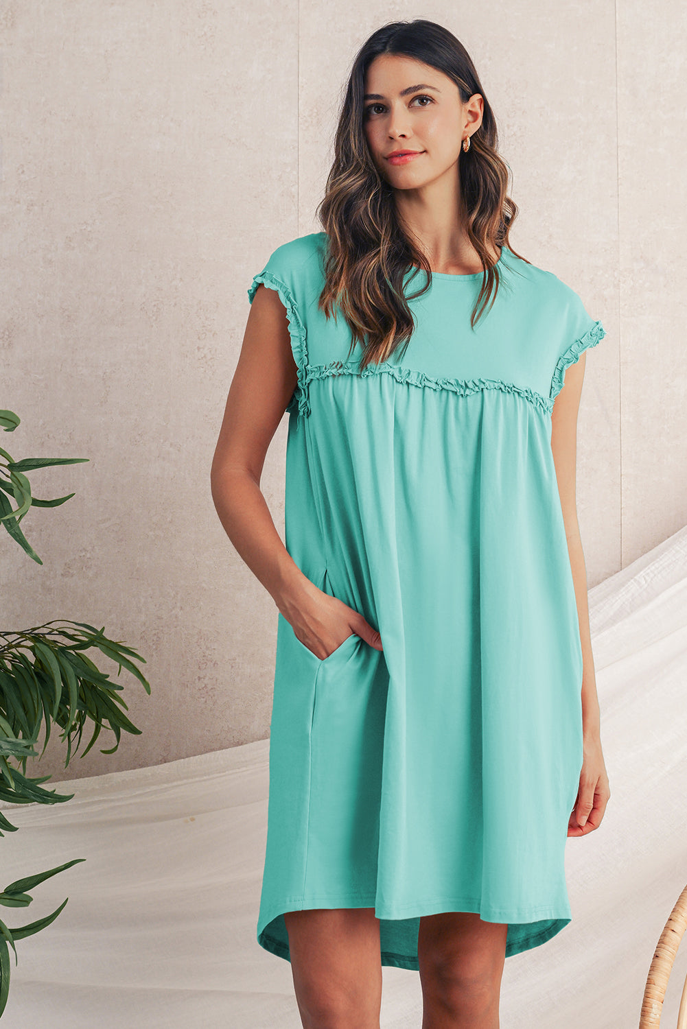 Frilled Trim Crewneck Loose Fit Mini Dress -2 COLOR OPTIONS