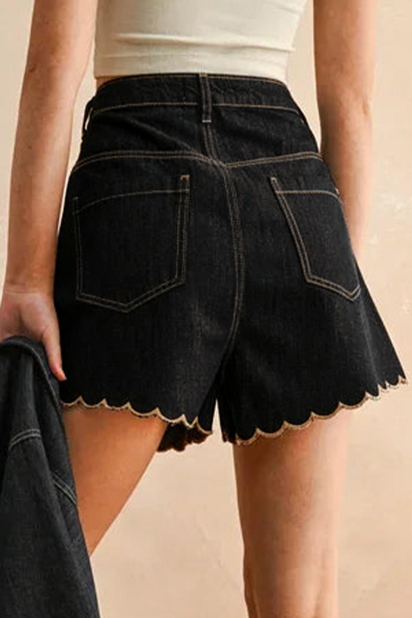 Embroidered Scalloped Trim Relaxed Denim Shorts- 2 COLOR OPTIONS
