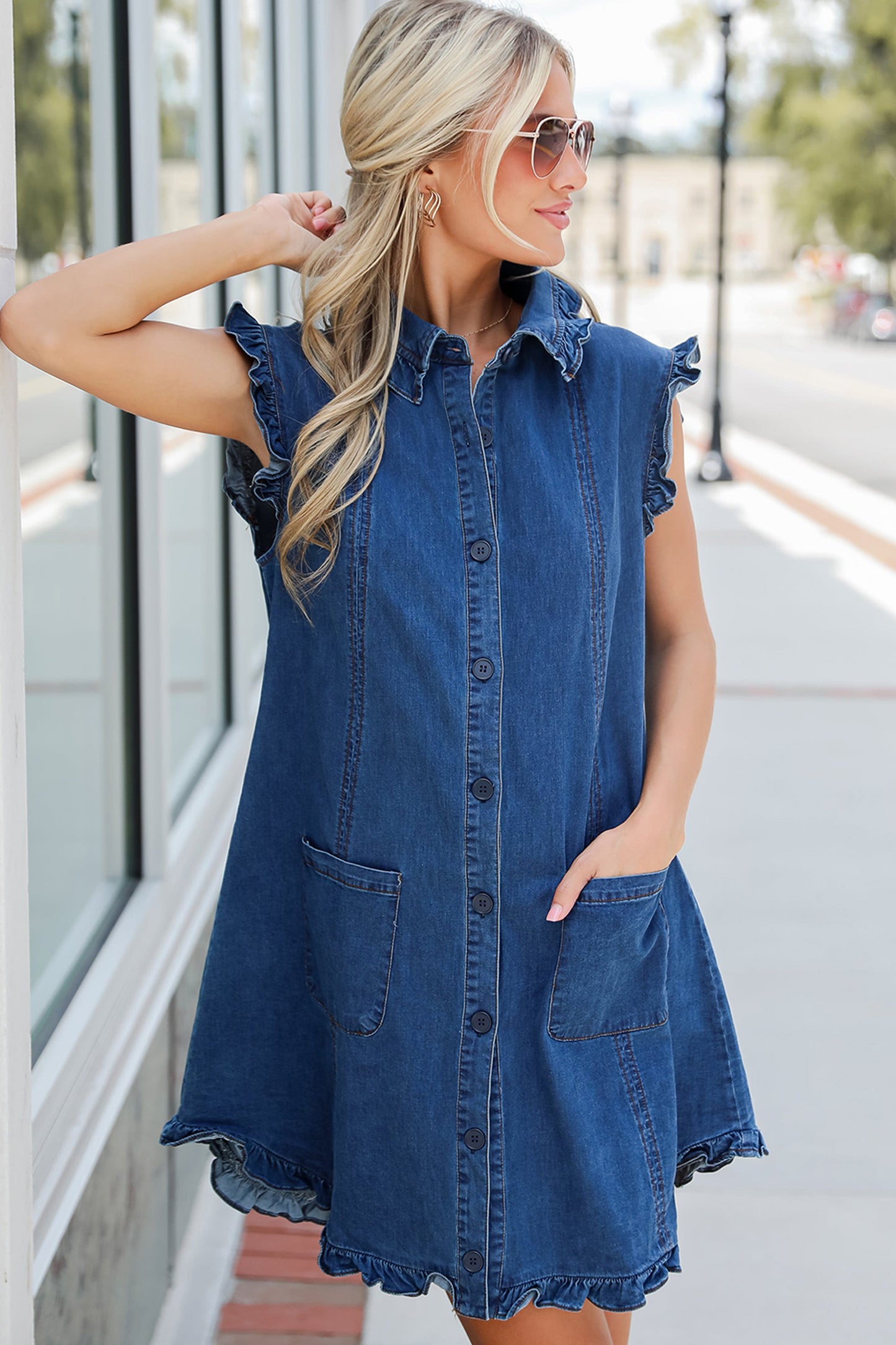 Ruffled Edge Collared Shift Denim Dress with Pockets- 3 COLOR OPTIONS