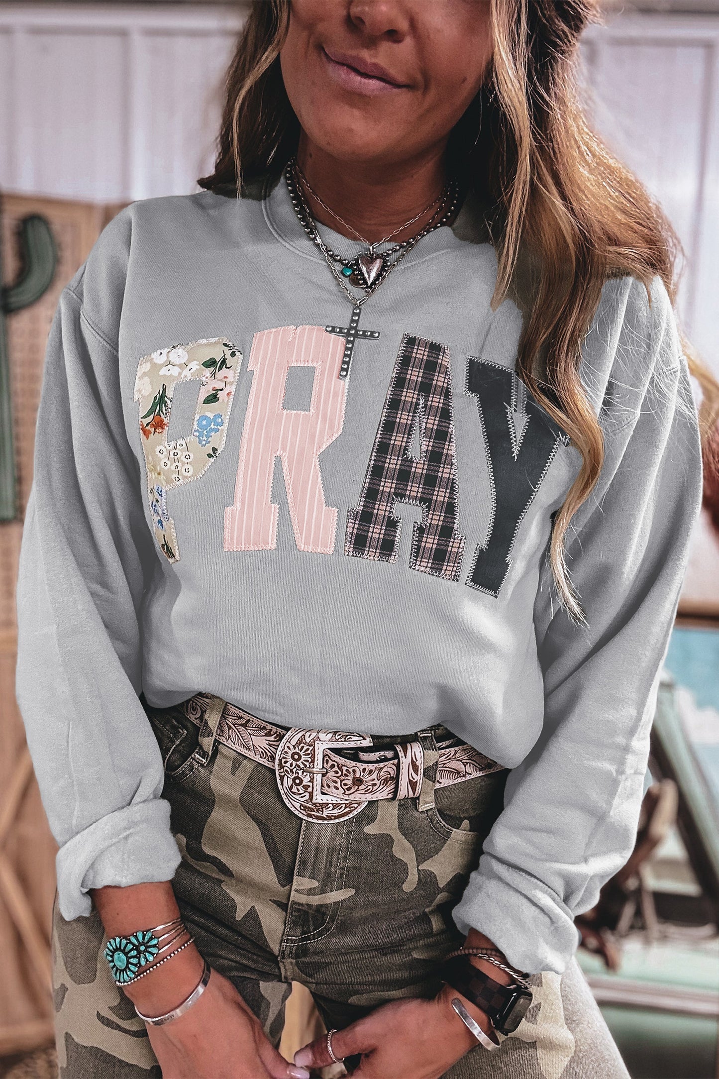 PRAY Embroidered Patch Western Pullover Sweatshirt -2 COLOR OPTIONS