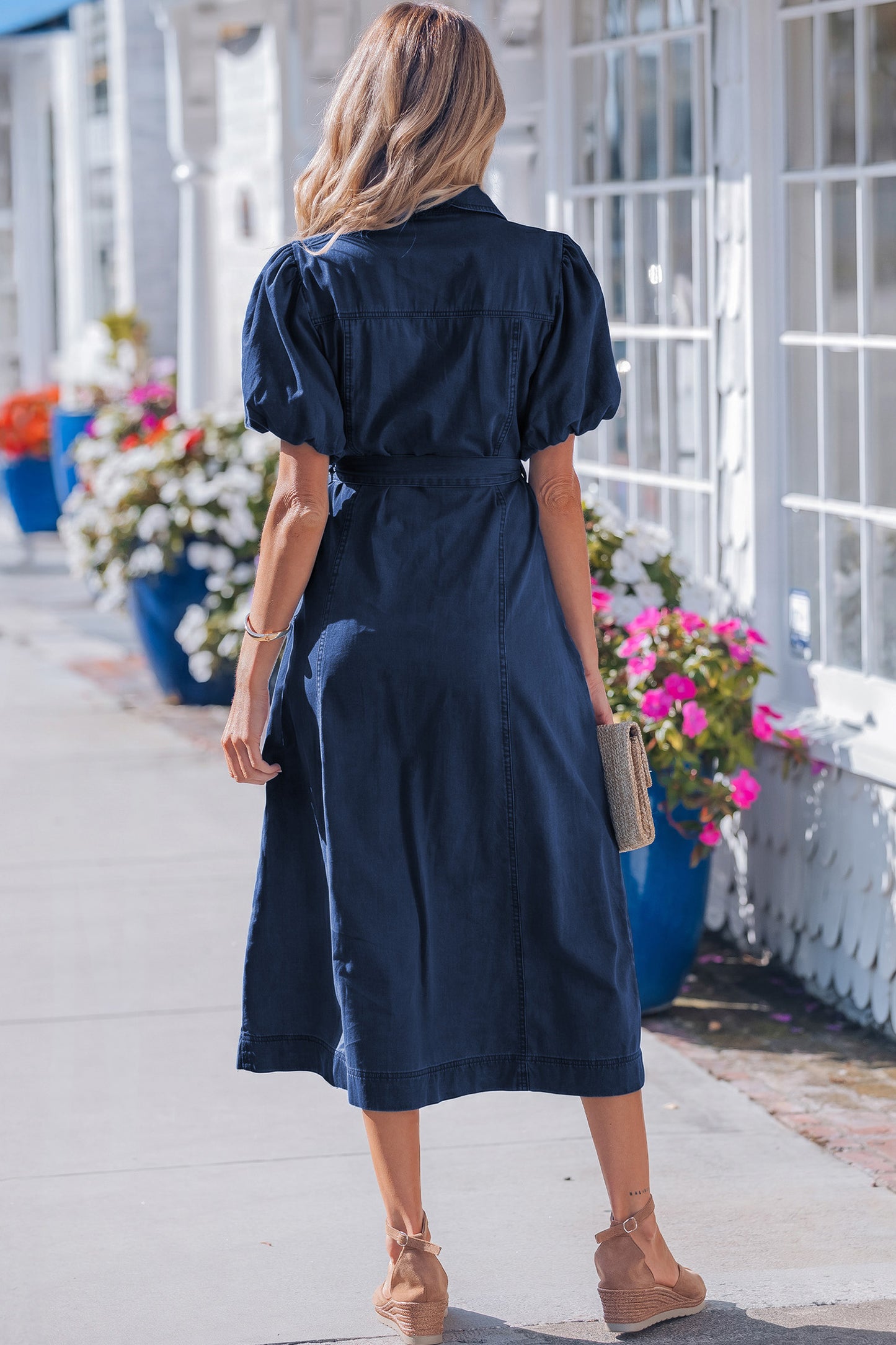 Sail Blue Full Buttons Collared Short Bubble Sleeve Long Denim Dress -2 COLOR OPTIONS