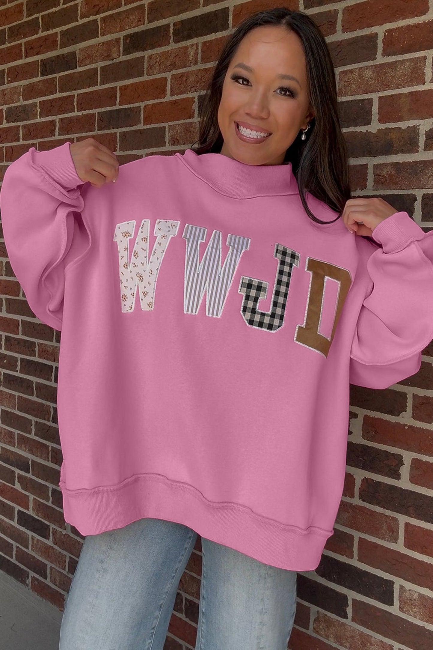 WWJD Mixed Pattern Embroidered Patch Graphic Mock Neck Sweatshirt -3 COLOR OPTIONS