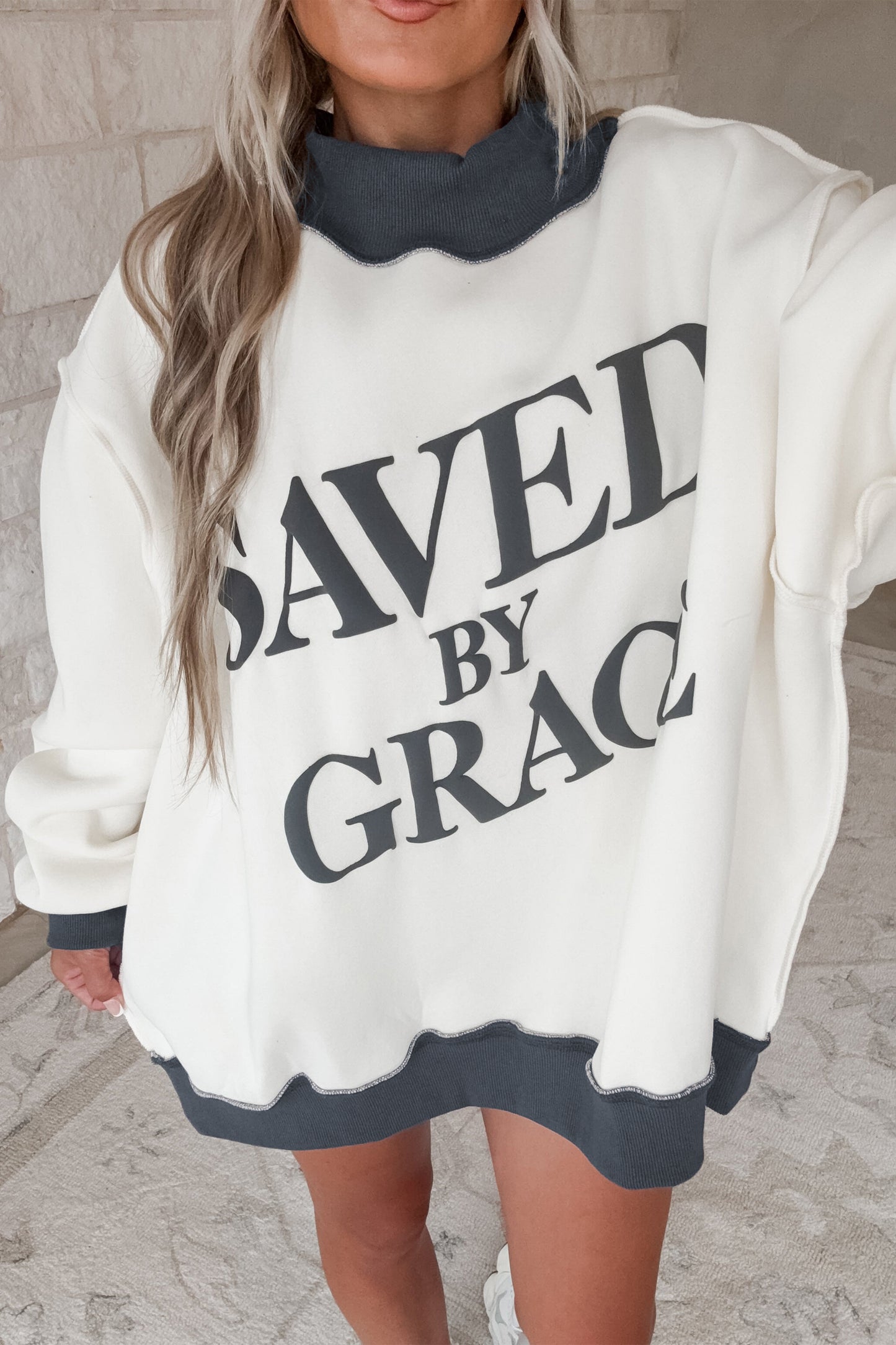 Saved By Grace Print Color Block Mock Neck Oversized Sweatshirt -2 COLOR OPTIONS