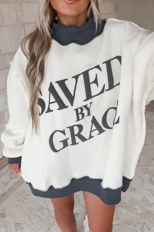 Saved By Grace Print Color Block Mock Neck Oversized Sweatshirt -2 COLOR OPTIONS