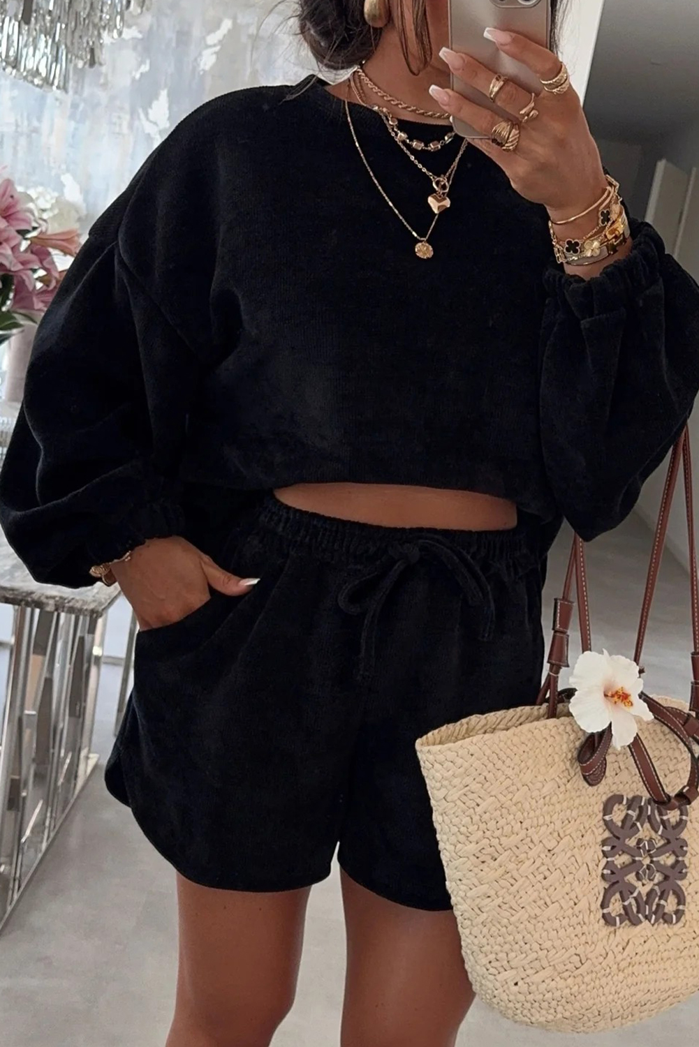 Textured Knit Drop Shoulder Pullover Drawstring Shorts Set -4 COLOR OPTIONS