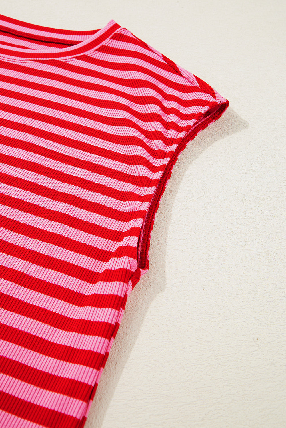Stripe Ribbed Cap Sleeve Round Neck T Shirt -2 COLOR OPTIONS