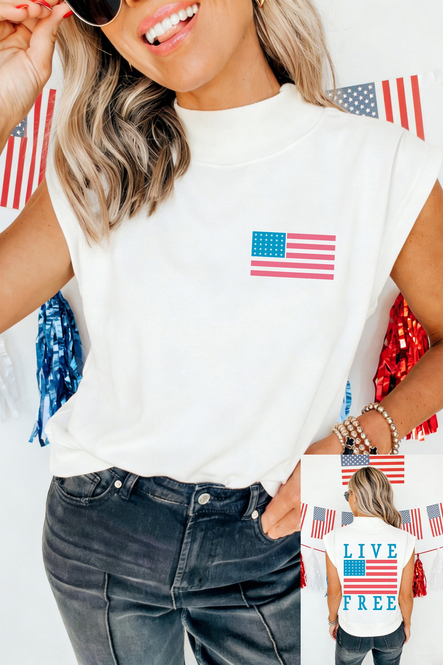 White American Flag LIVE FREE Double Side Printed High Neck Top