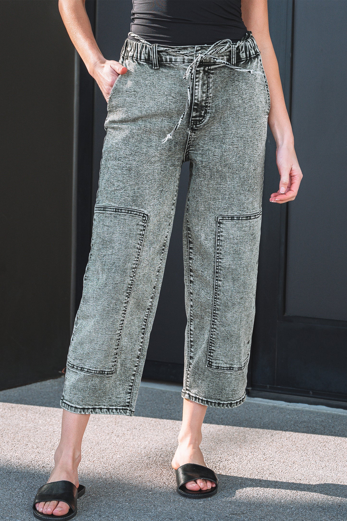 Acid Wash Tie Waist Denim Pants -2 COLOR OPTIONS