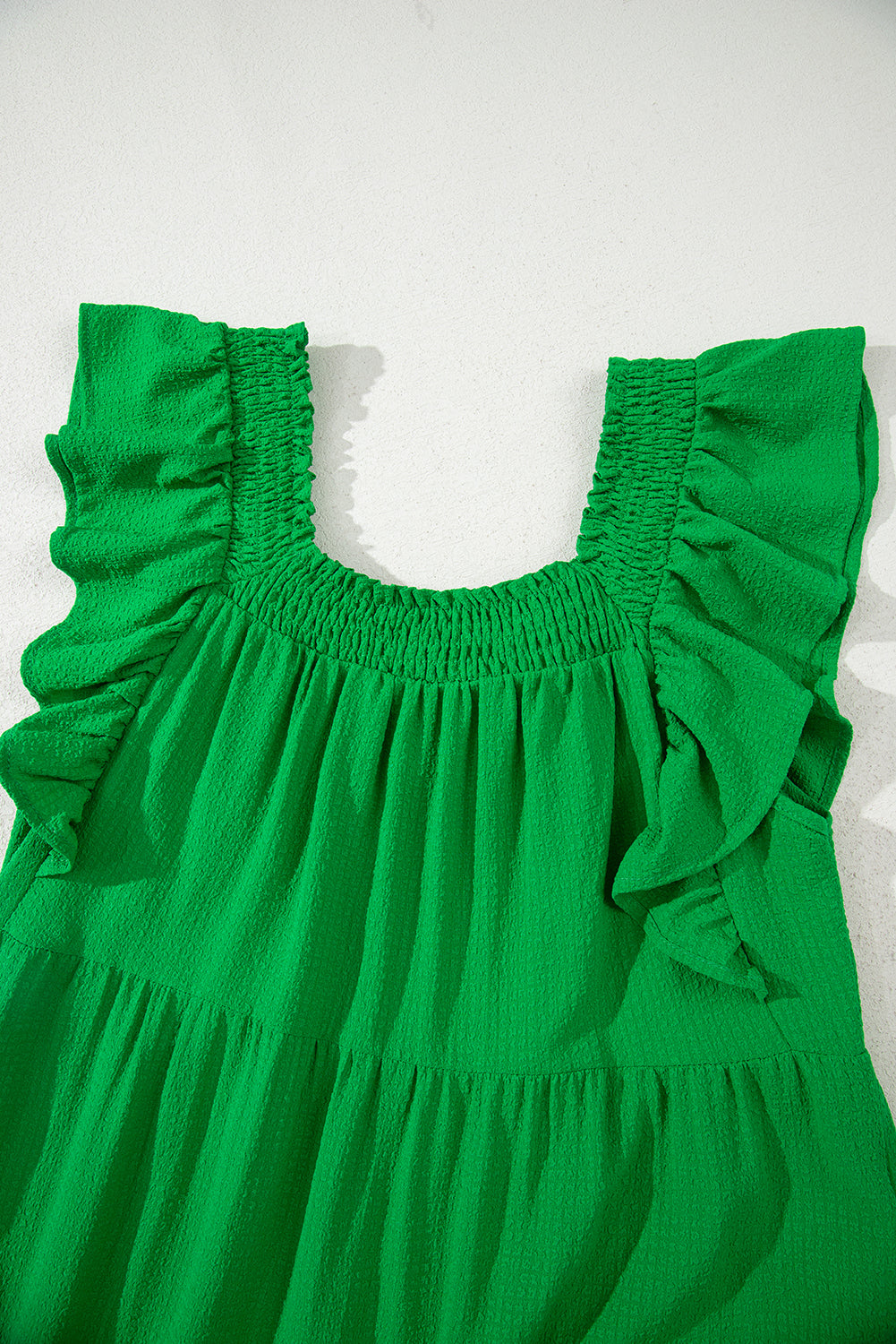 Green Ruffled Flutter Sleeve Square Neck Textured Tiered Maxi Dress