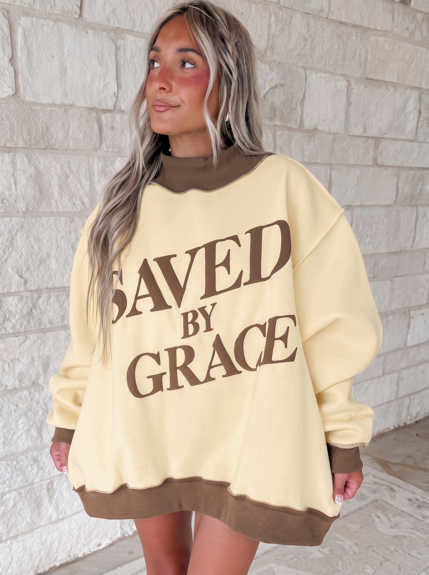 Saved By Grace Print Color Block Mock Neck Oversized Sweatshirt -2 COLOR OPTIONS