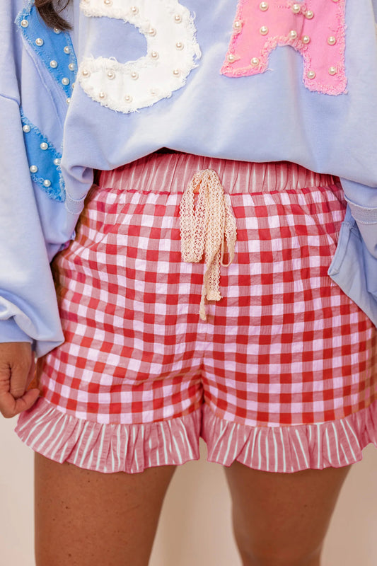 Gingham Print Ruffle Striped Detail Lace Tie Shorts -3 COLOR OPTIONS
