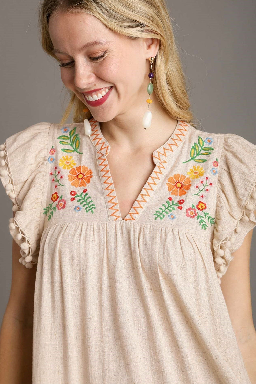 Jet Stream Linen Embroidery Split Neck Pom Pom Ruffle Sleeve Short Dress