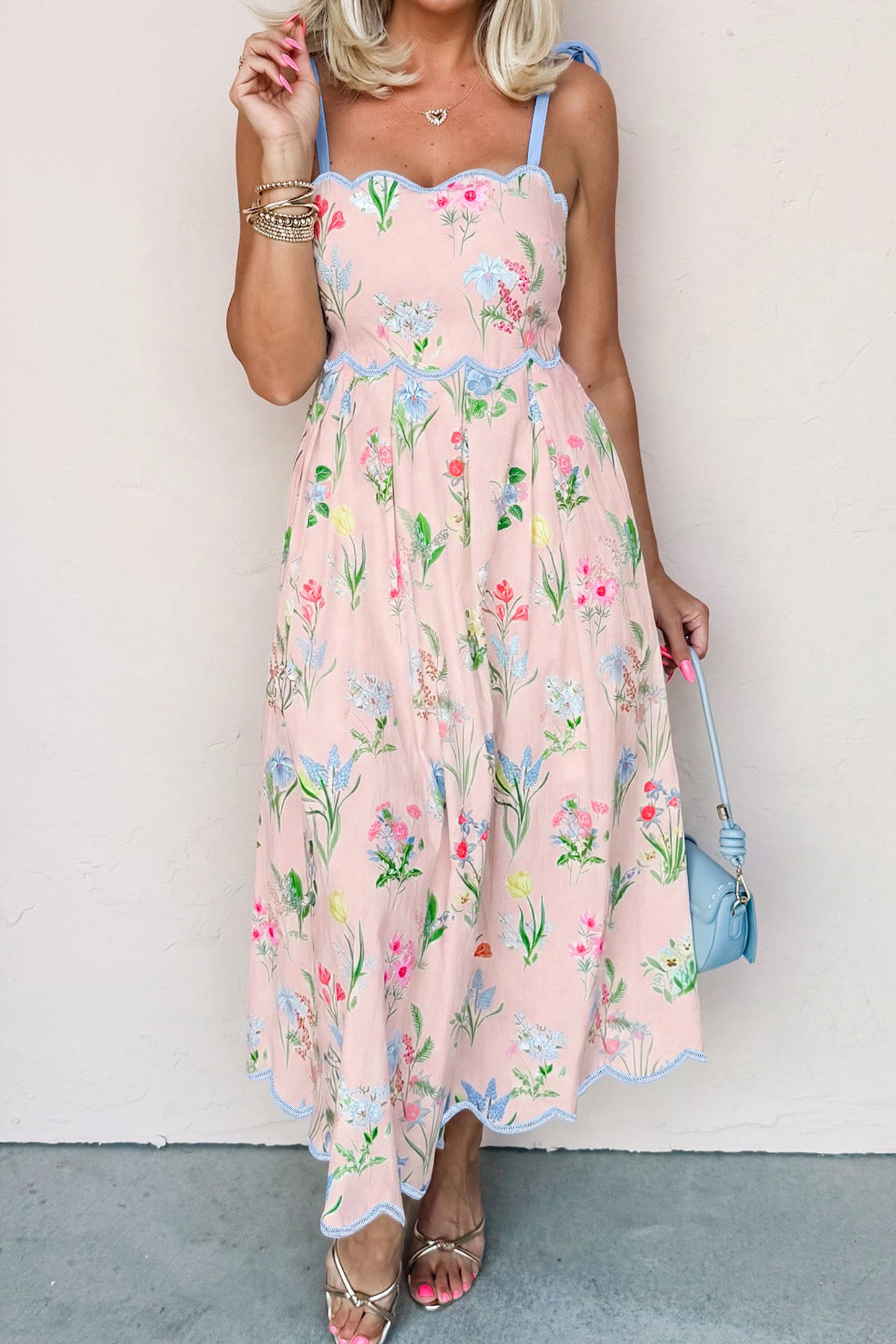 Floral Print Contrast Trim Self-tie Straps High Waist Midi Dress -3 COLOR OPTIONS