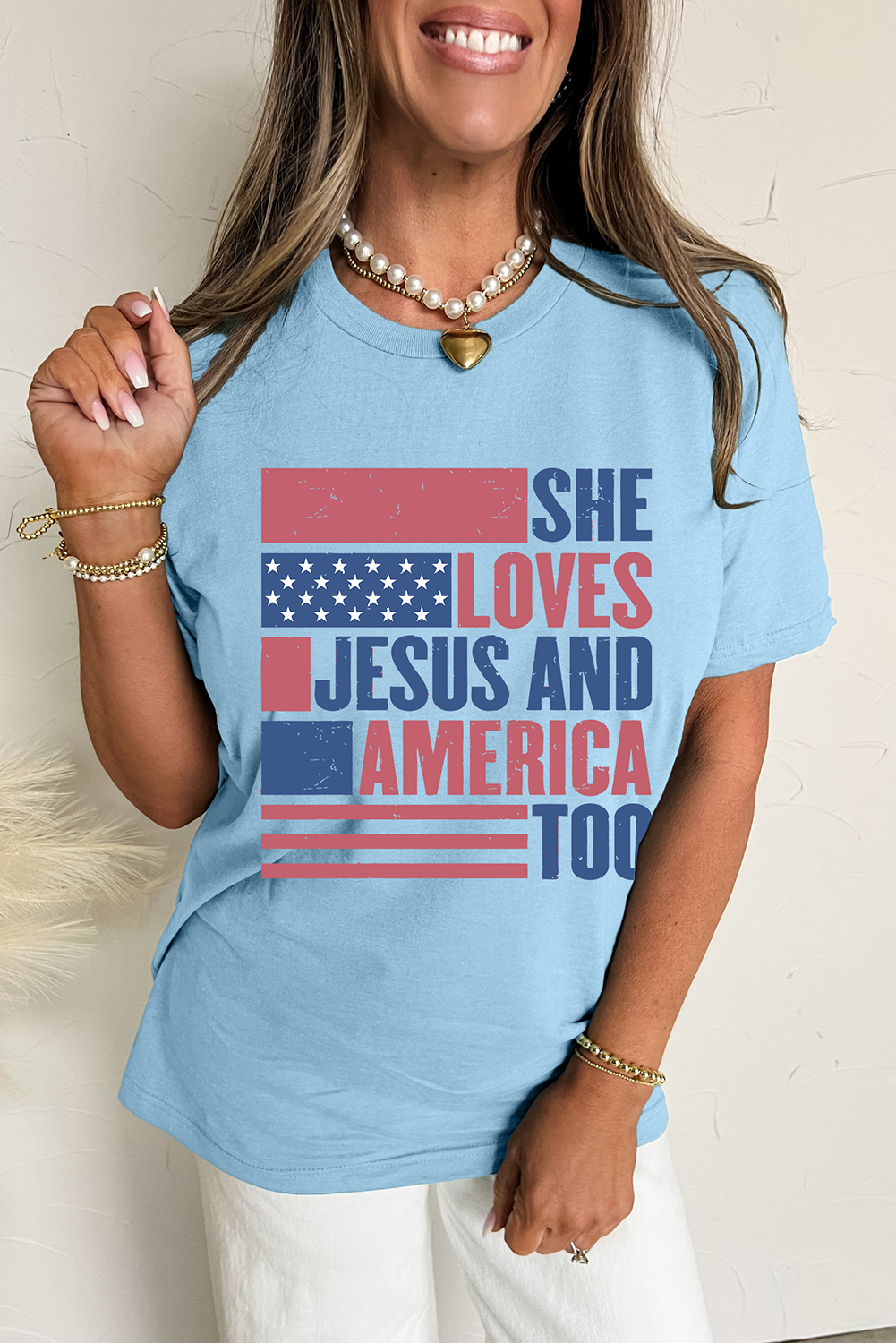 Light Blue SHE LOVES JESUS AND AMERICA TOO Heat Transfer Printing Patriotic T Shirt