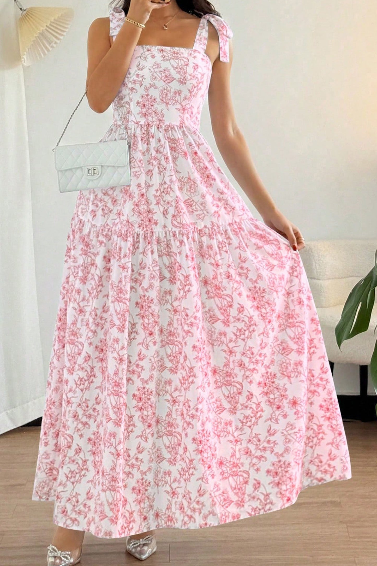 Floral Print Knot Straps High Waist Flared Maxi Dress- 2 COLOR OPTIONS
