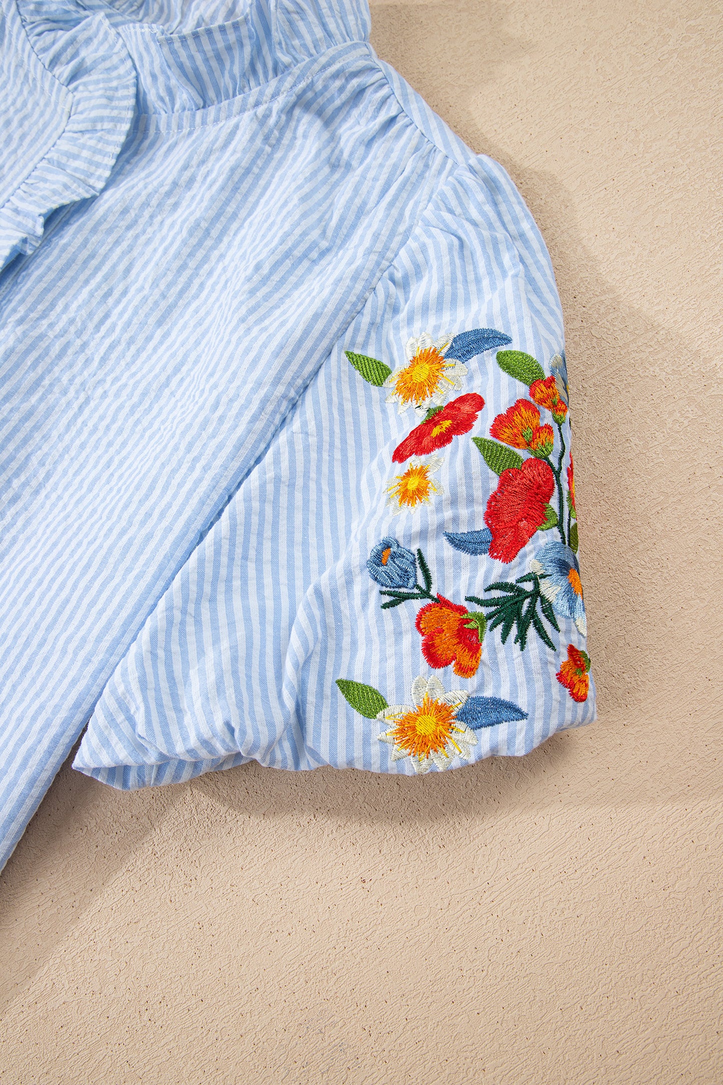 Sky Blue Stripe Floral Embroidered Puff Sleeve Ruffle Trim Shirt