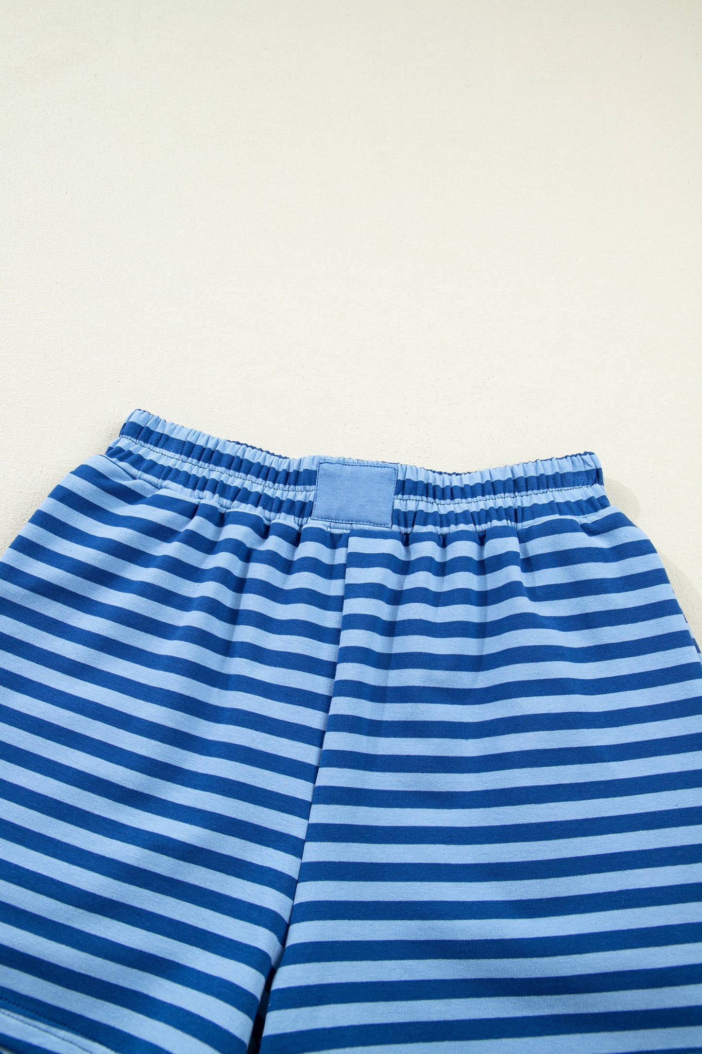 Blue Stripe Drop Shoulder Long Sleeve Pullover Elastic Waist Casual Short Set