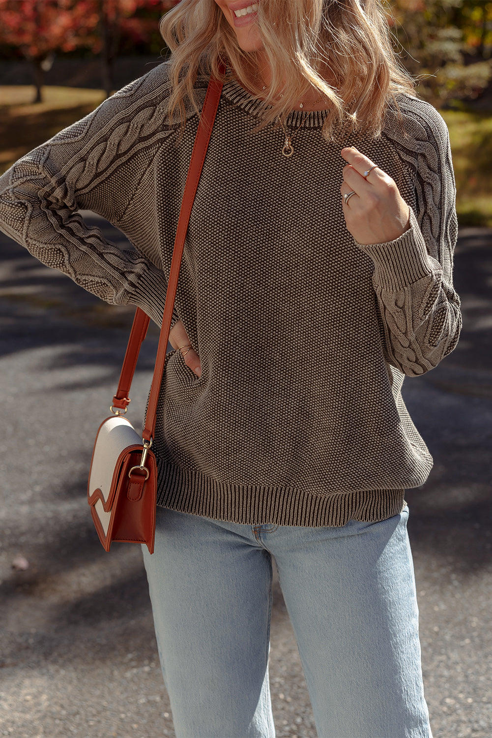 WAREHOUSE SALE -Dark Brown Cable Knit Raglan Sleeve Casual Sweater