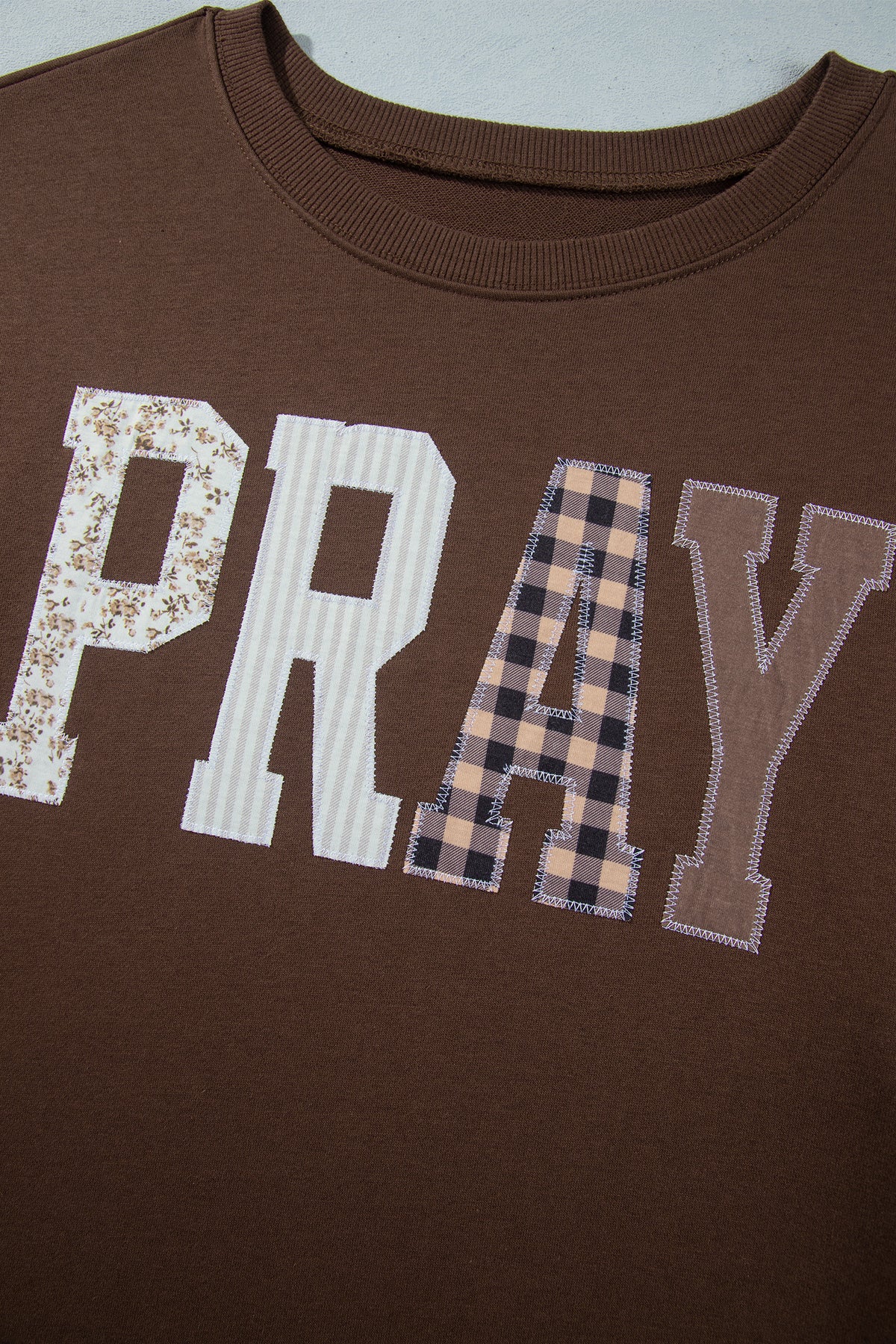 PLUS SIZE -Coffee PRAY Letter Patchwork Round Neck Long Sleeve Plus Size Sweatshirt