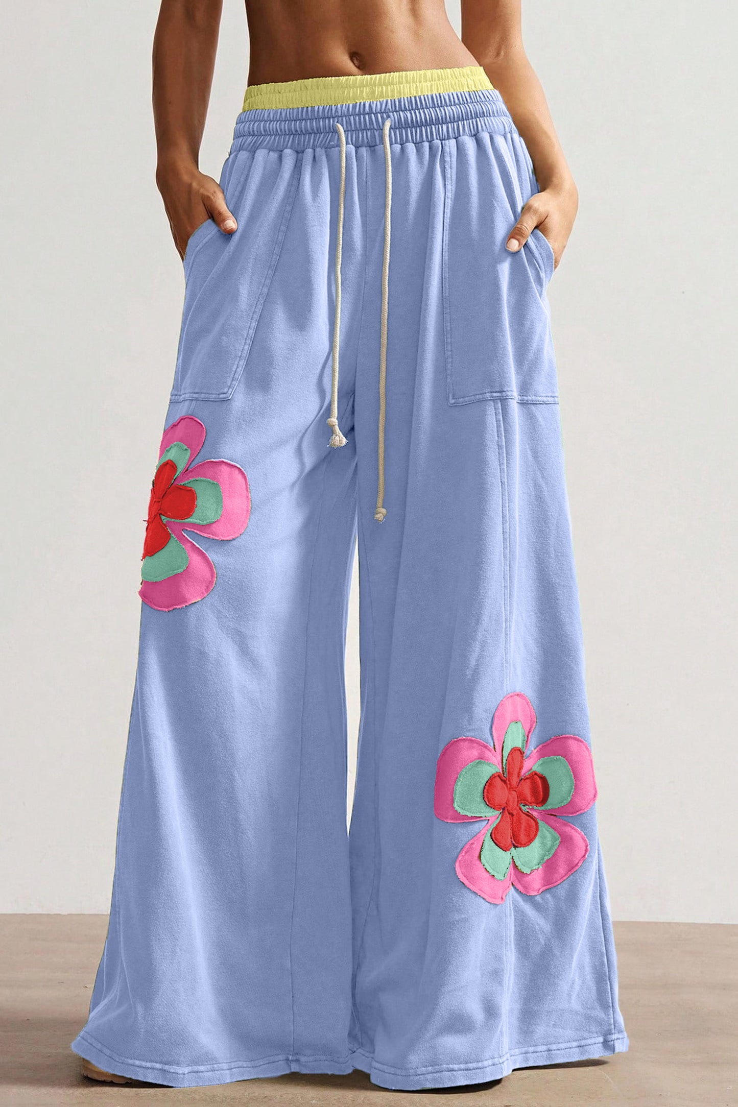 Color Block Flower Patchwork Drawstring Contrasted Elastic Waist Wide Leg Pants - 3 COLOR OPTIONS