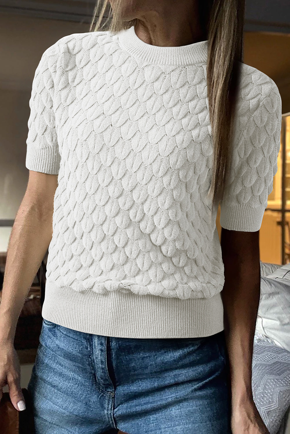 Scaled Textured Knit Ribbed High Neck Short Sleeve Sweater -2 COLOR OPTIONS