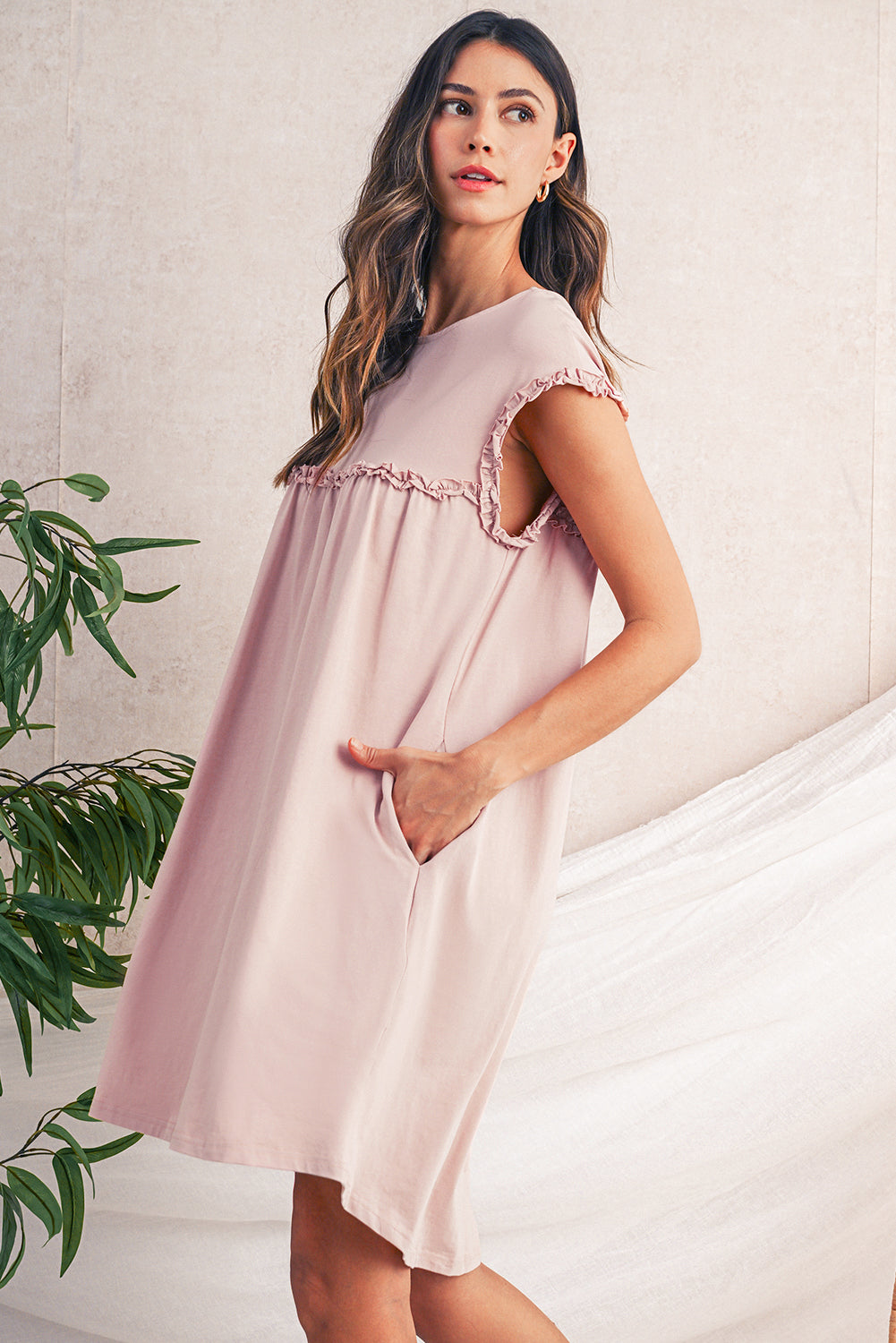 Frilled Trim Crewneck Loose Fit Mini Dress -2 COLOR OPTIONS