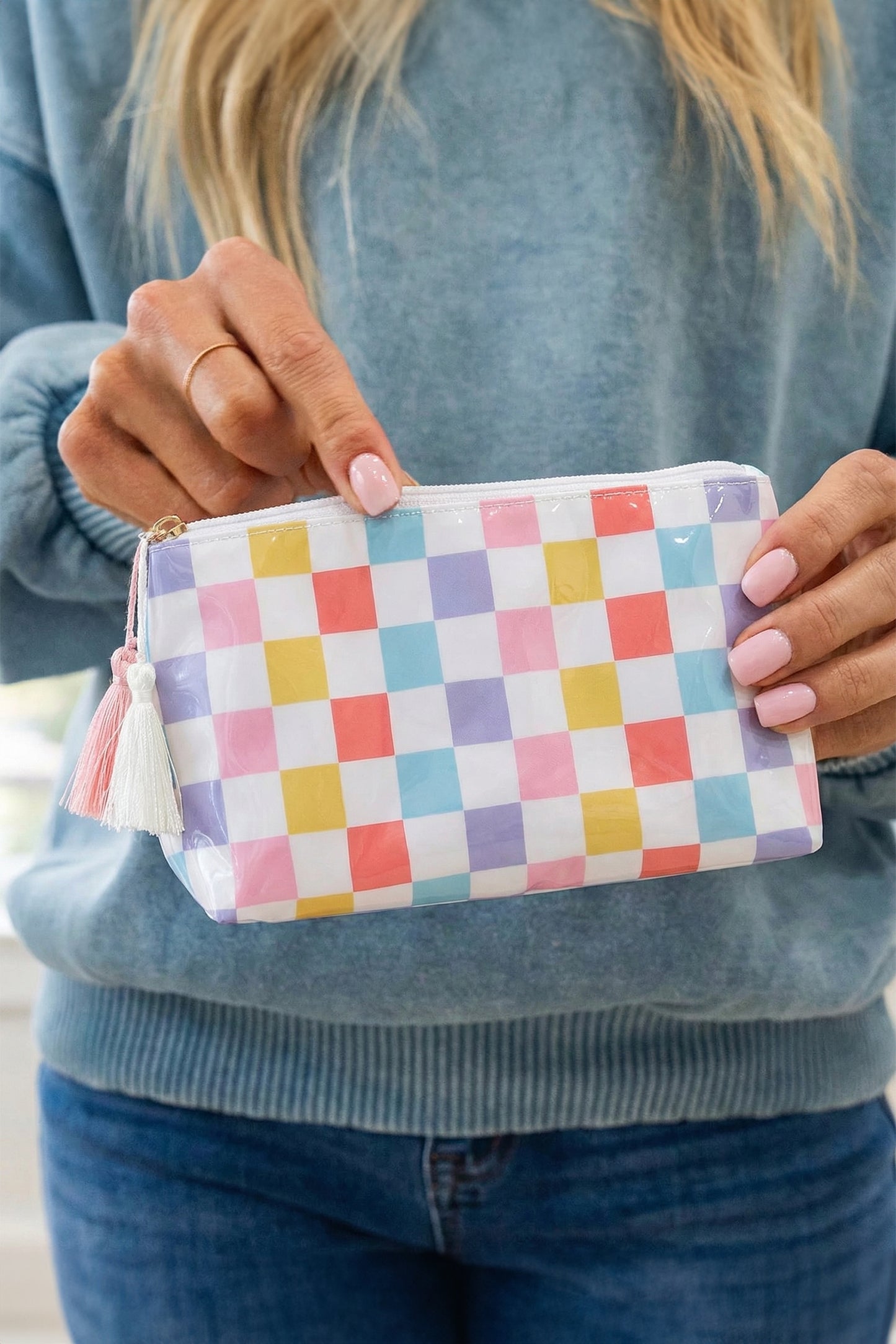 Striped Vinyl Waterproof Tassel Zipper Makeup Bag- 4 COLOR OPTIONS