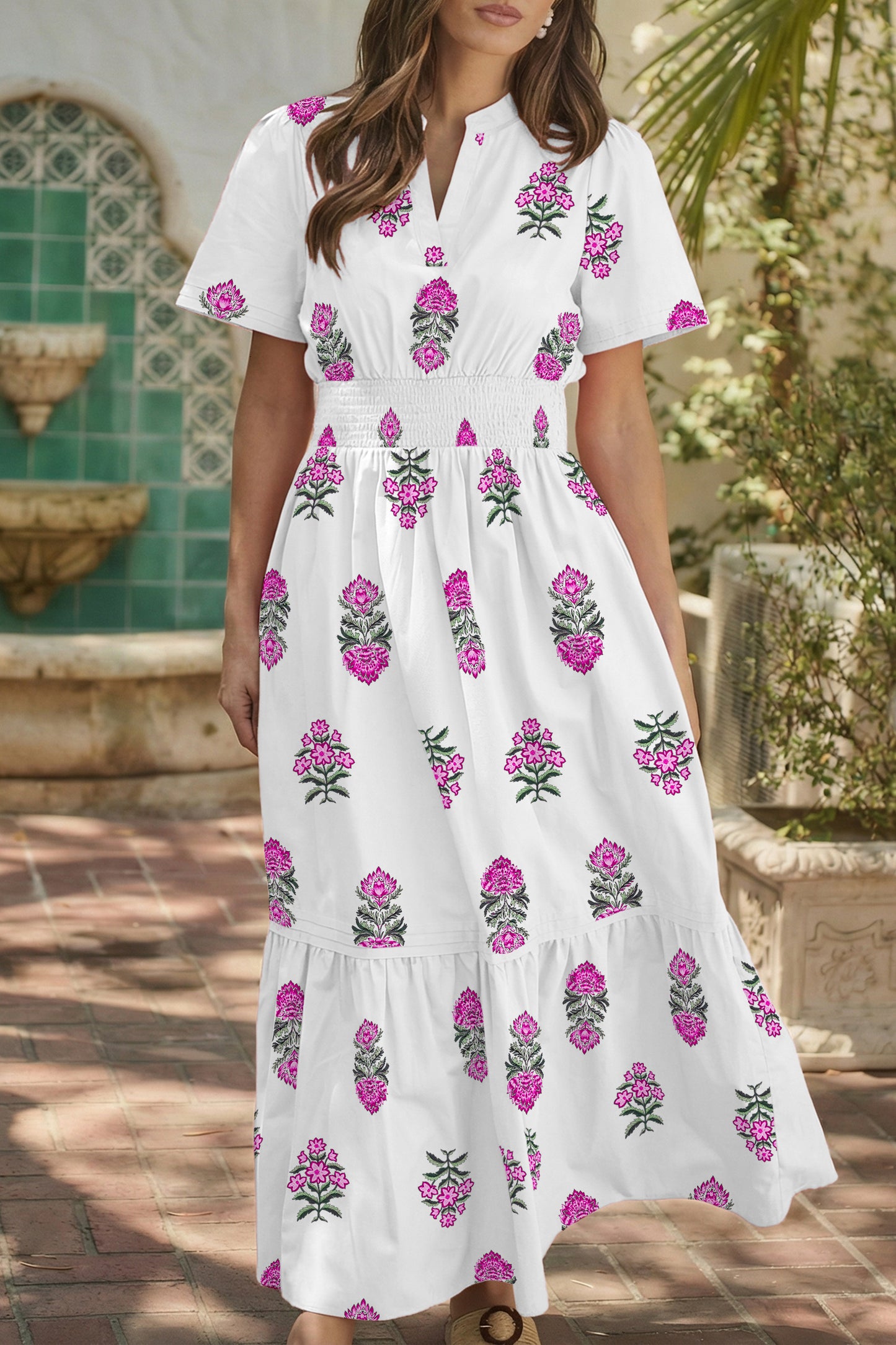 Floral Print Split Neck Shirred High Waist Ruffle Hem Maxi Dress -2 COLOR OPTIONS