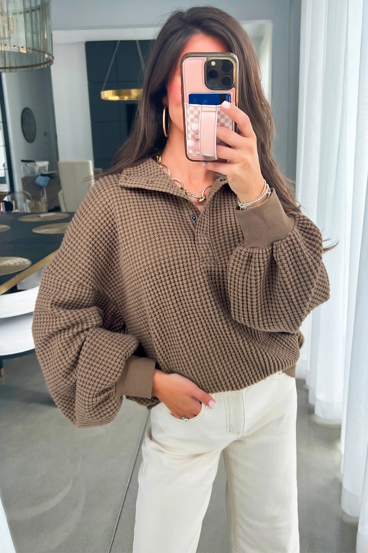 Casual Solid Color Textured Snap Button Collared Baggy Top -2 COLOR OPTIONS