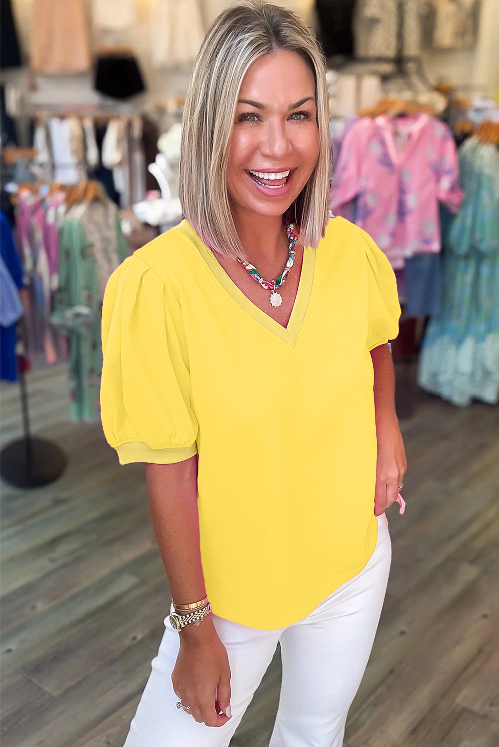 Solid Color V Neck Short Puff Sleeve Blouse -4 COLOR OPTIONS
