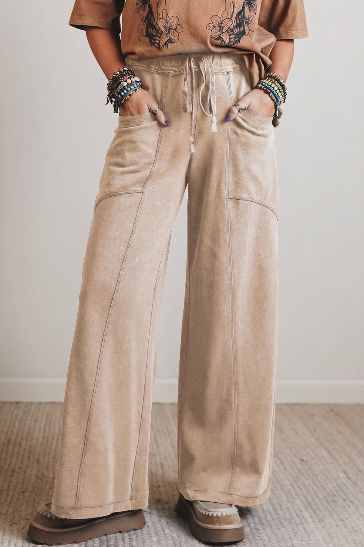 Mineral Wash Drawstring Retro High Waist Wide Leg Western Pants -2 COLOR OPTIONS