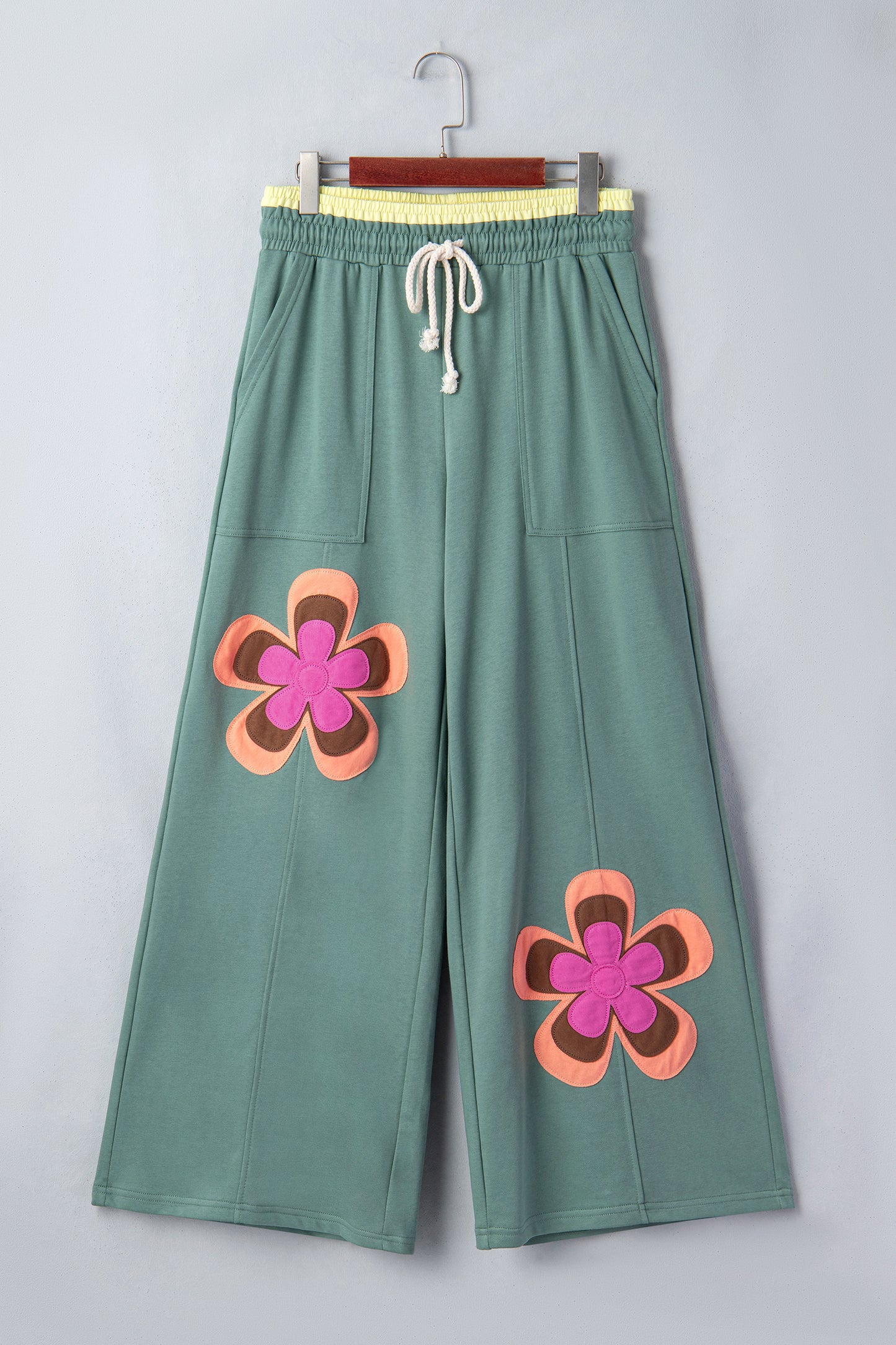 Color Block Flower Patchwork Drawstring Contrasted Elastic Waist Wide Leg Pants - 3 COLOR OPTIONS