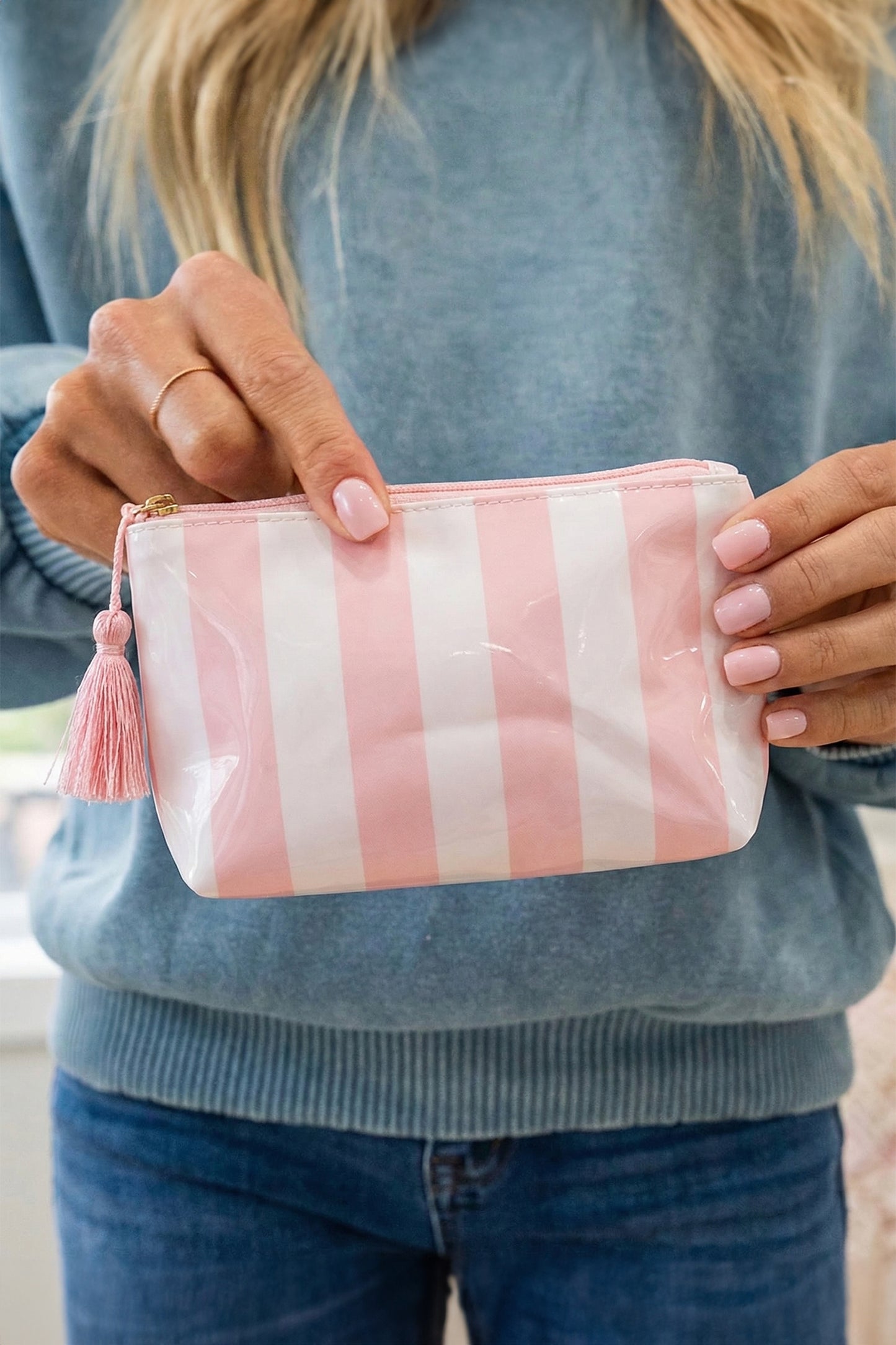 Striped Vinyl Waterproof Tassel Zipper Makeup Bag- 4 COLOR OPTIONS