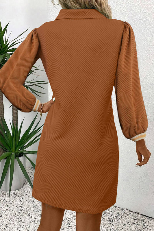 Chestnut Textured Contrast Striped Split Neck Long Sleeve Shift Mini Dress