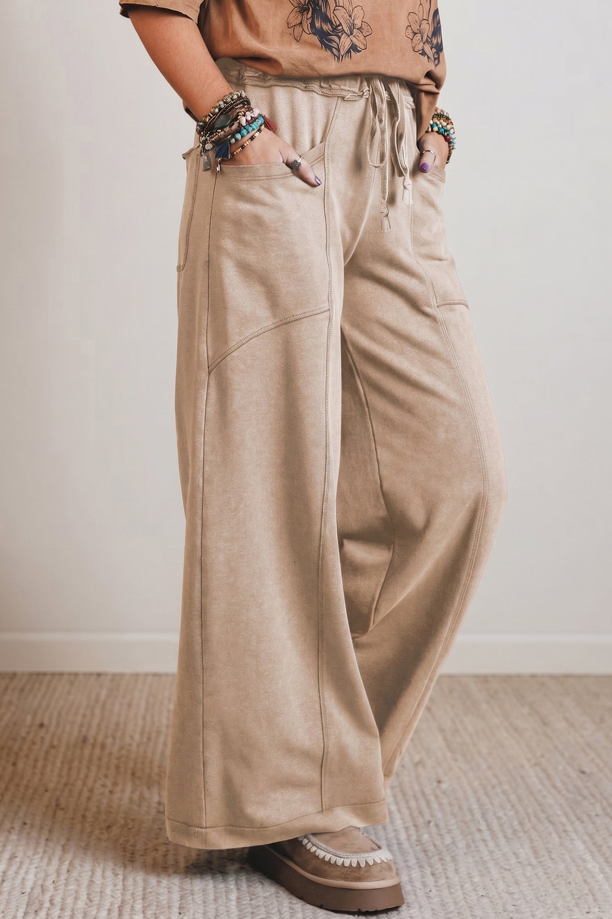 Mineral Wash Drawstring Retro High Waist Wide Leg Western Pants -2 COLOR OPTIONS