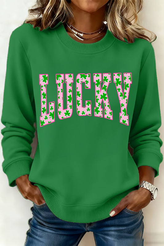 Dark Green LUCKY Clover Letter Printed Loose Pullover Sweatshirt