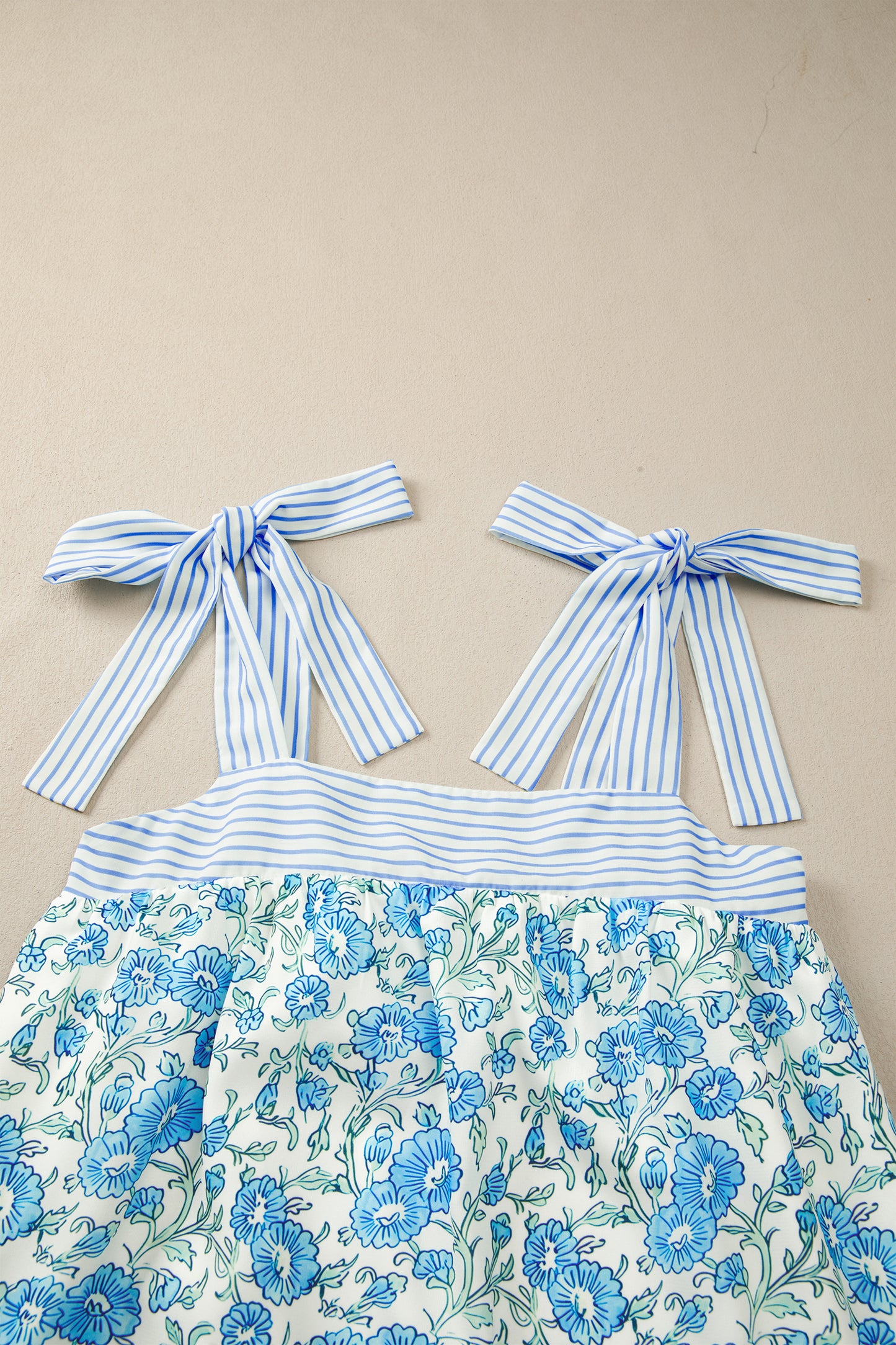 Floral Print Striped Patchwork Bow Knot Straps Mini Dress -2 COLOR OPTIONS