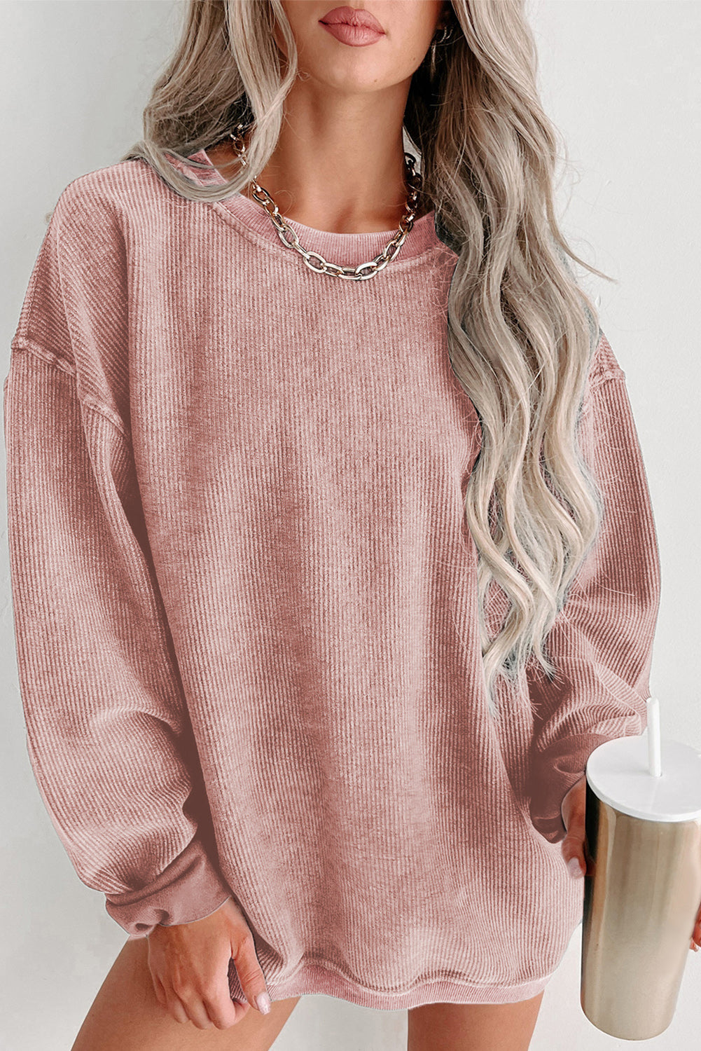 Solid Ribbed Round Neck Pullover Sweatshirt -Variety of Colors