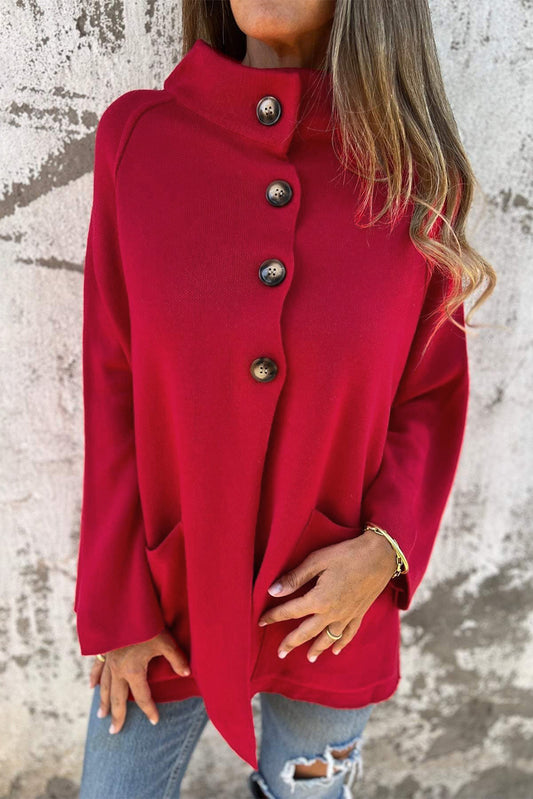 Fiery Red Solid Color Mock Collar Loose Jacket