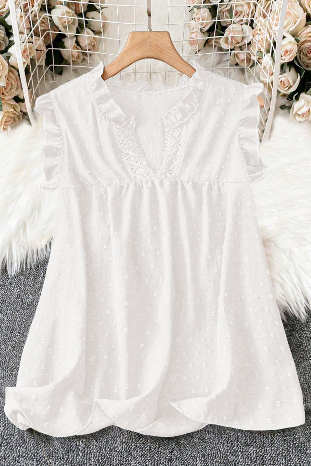 PLUS SIZE -Swiss Dot Ruffle Lace Trim V Neck Tank Top -2 COLOR OPTIONS