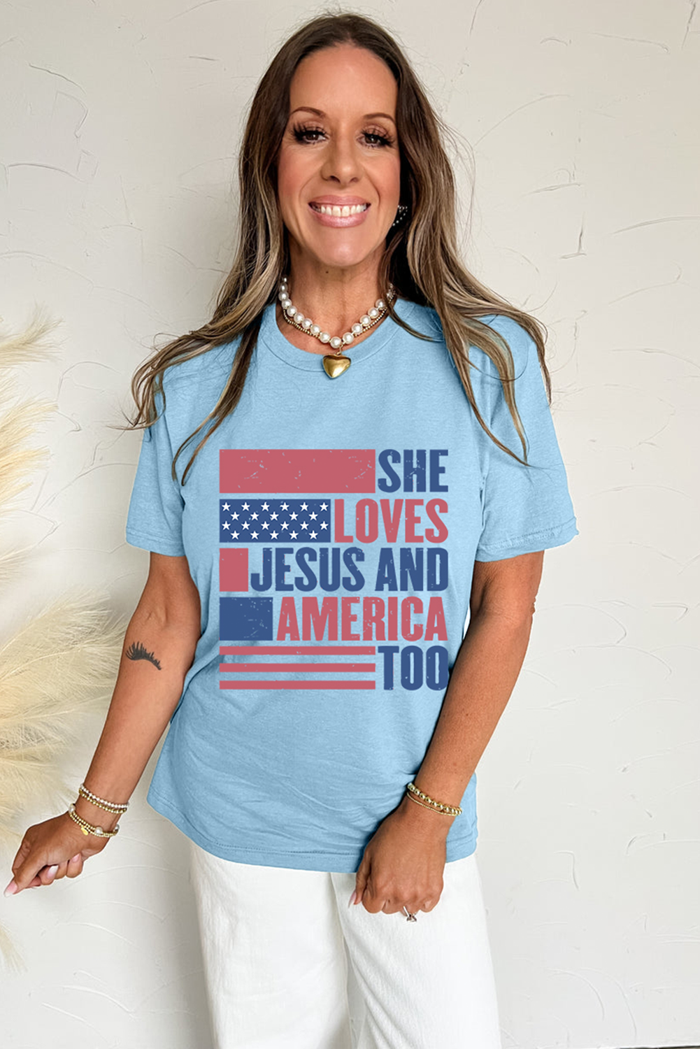 Light Blue SHE LOVES JESUS AND AMERICA TOO Heat Transfer Printing Patriotic T Shirt