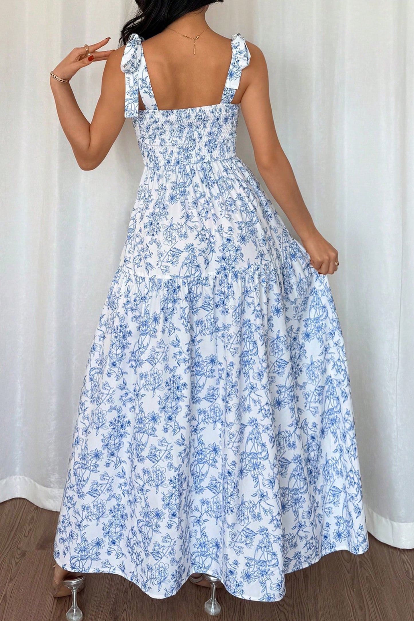Floral Print Knot Straps High Waist Flared Maxi Dress- 2 COLOR OPTIONS