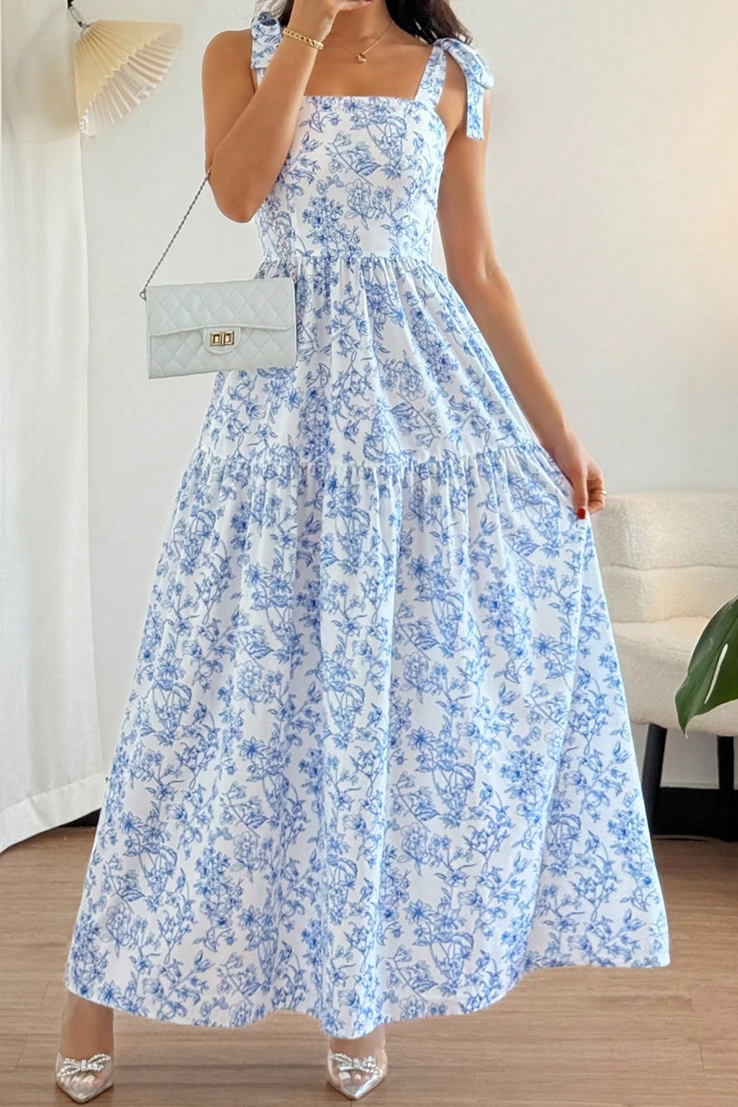 Floral Print Knot Straps High Waist Flared Maxi Dress- 2 COLOR OPTIONS