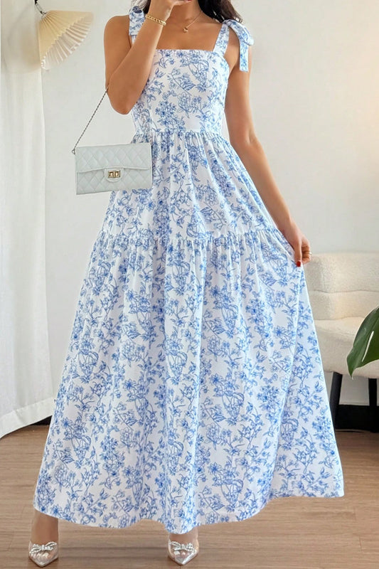 Floral Print Knot Straps High Waist Flared Maxi Dress- 2 COLOR OPTIONS
