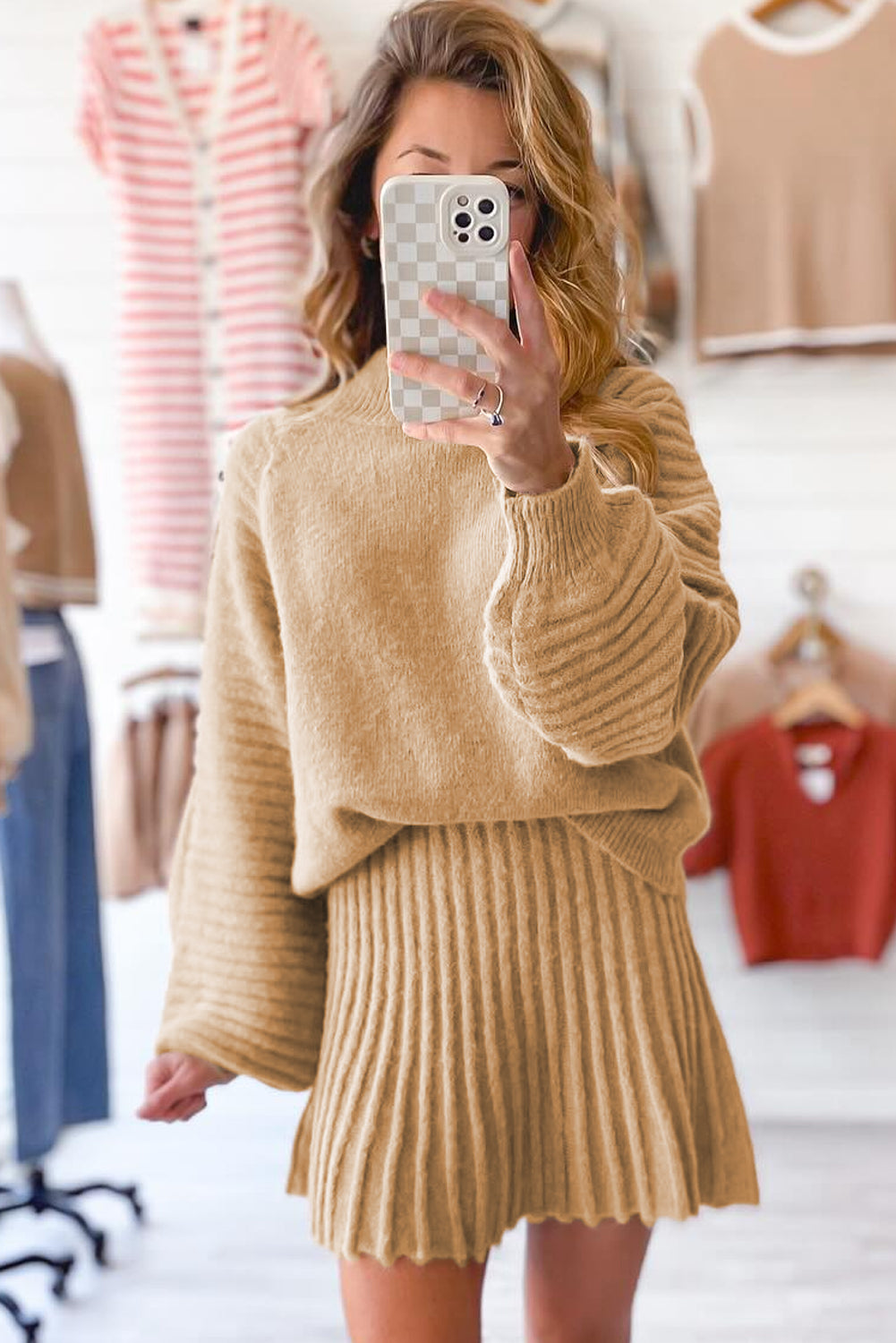 Lantern Sleeve Sweater Pleated Knitted Mini Skirt Set