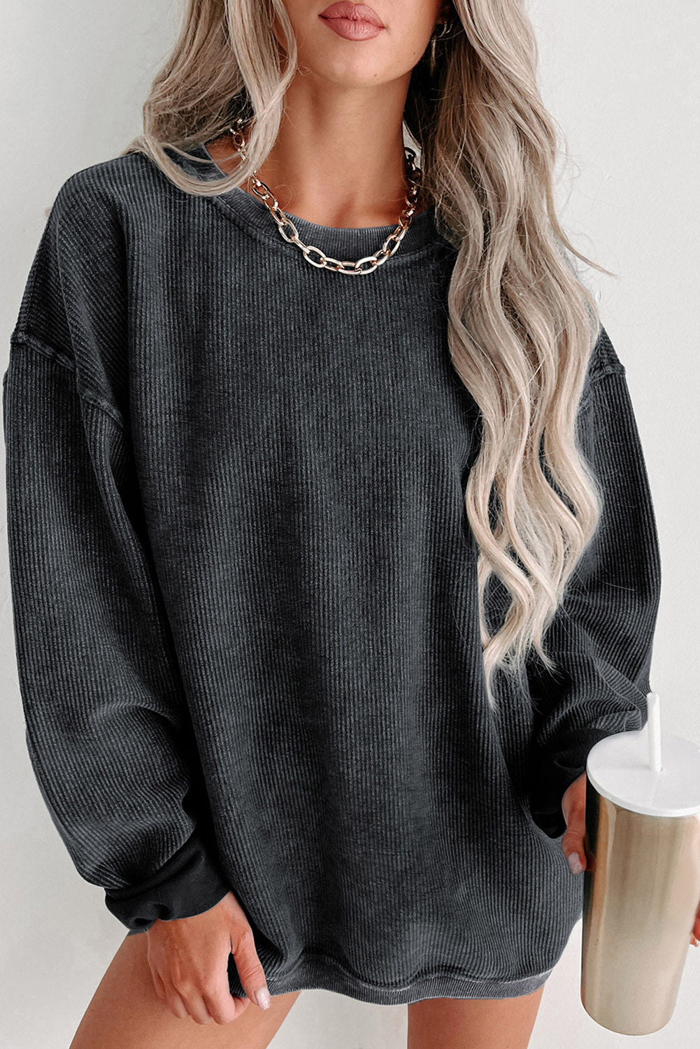 Solid Ribbed Round Neck Pullover Sweatshirt -Variety of Colors